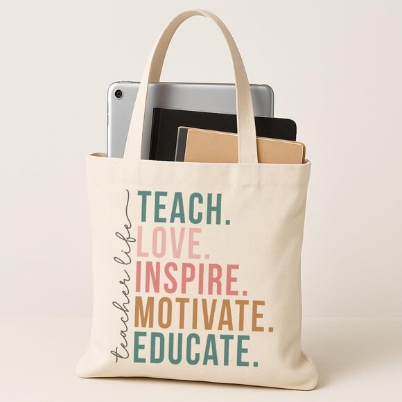 Brand New Teacher Tote Reusable Canvas Bag 16x14 Black Gift - Picture 3 of 5